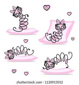 Funny cat with a pink bow. Set of vector illustrations.