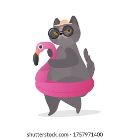 Un gato gracioso con un anillo de goma rosado en forma de flamingo. Gato con gafas y sombrero. Bueno para pegatinas, tarjetas y camisetas. Aislado. Vector.