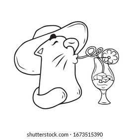 Funny cat in a pink hat and drinks a cocktail. Vector illustration.Form for banners and postcards,coloring