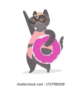 Funny cat with a pink rubber ring. Cat in glasses and a hat. Good for stickers, cards and t-shirts. Isolated. Vector.