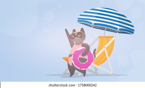 Funny cat with a pink swimming circle. Deckchair, umbrella. Cat in glasses and a hat. Good for stickers, cards and t-shirts. Funny banner on the theme of summer. Vector.