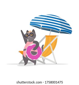 Funny cat with a pink swimming circle. Deckchair, umbrella. Cat in glasses and a hat. Good for stickers, cards and t-shirts. Isolated. Vector.