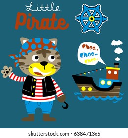 Funny cat in pirate costume with sailboat and steering wheel, vector cartoon illustration