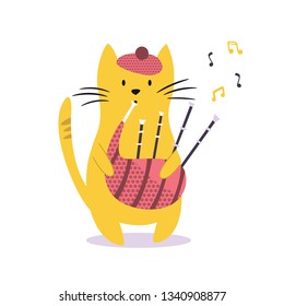 Funny cat playing bagpipe. Vector illustration. Character design. Pet collection