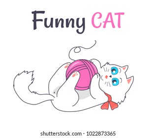 Funny cat playing with ball of knitting thread of pink color, headline and playful happy kitten with ribbon, vector Illustration isolated on white