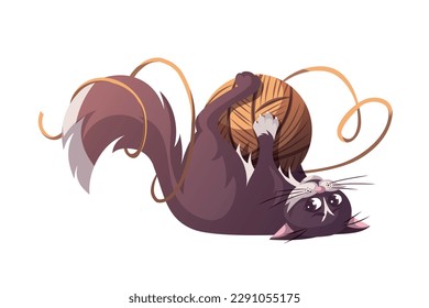 Funny cat playing with ball of thread. Isolated Vector illustration for card, postcard, cover.