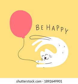 Funny cat playing with balloon on yellow background. Be happy. Birthday concept. Hand drawn vector illustration for greeting card, t shirt, print, stickers, posters design.  