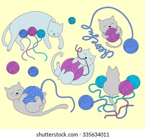 Funny cat is playing with balls of yarn. The inscription on the string is "cheerful". A cat with balls like kittens. Pulls a fun thread out of the ball