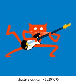 Funny cat playing electric guitar against a blue background.