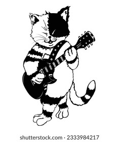 Funny cat playing guitar. Guitarist musician animal cartoon theme