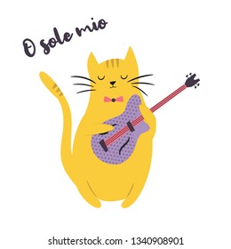 Funny cat playing guitar. Vector illustration. Character design. Pet collection