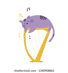 Funny cat playing the harp. Vector illustration. Character design. Pet collection