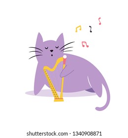 Funny cat playing the harp. Vector illustration. Character design. Pet collection