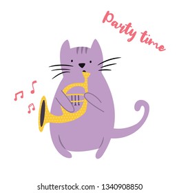 Funny cat playing the horn. Vector illustration. Character design. Pet collection