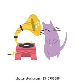 Funny cat playing listening to phonograph. Vector illustration. Character design. Pet collection