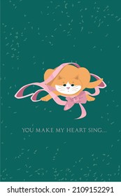 
Funny cat is playing with a pink bow, cute vector ginger cat is playing. Hand drawn illustration of an animal on a textured background. Valentine's card with congratulations. Illustration
