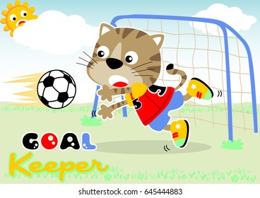 Funny cat playing soccer, cute sun behind clouds, vector cartoon illustration