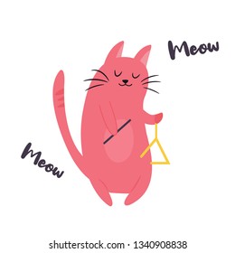 Funny cat playing the thriangle. Vector illustration