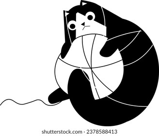 Funny cat playing with yarn ball of threads. Isolated purebred feline animal pin playful mood. Kitten with string, curious kitty mammal with black furry coat. Vector in flat style illustration