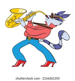 Funny cat plays the saxophone. Vector image of a cat. Cartoon character from the ensemble of the Bremen Town Musicians. Illustration isolated on white.