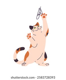 Funny cat plays with teaser. Happy kitten trying to catch feather with paw, jumps. Cute playful kitty has fun with pet toy, hunts. Amusing domestic animal. Flat isolated vector illustration on white