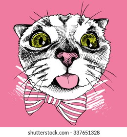 Funny cat portrait with tie on pink background. Vector illustration.