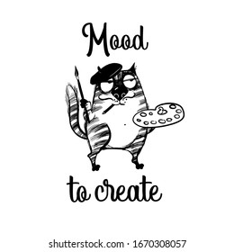 Funny cat printdesign. mood to create Vector sketch illustration.