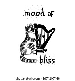 Funny cat printdesign. Vector sketch illustration