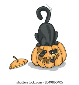 Funny cat with a pumpkin for Halloween. Vector illustration, postcard, logo, mascot, emoji for design or textile print