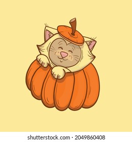 Funny cat with a pumpkin for Halloween. Vector illustration, postcard, logo, mascot, emoji for design or textile print