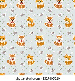 Funny Cat, puppy and mouse. Vector seamless pattern for fabric, wallpaper, wrapping paper, for kids.