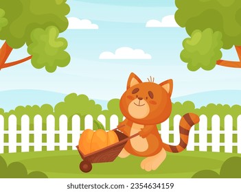 Funny Cat Push Wheelbarrow with Pumpkin Doing Gardening Vector Illustration