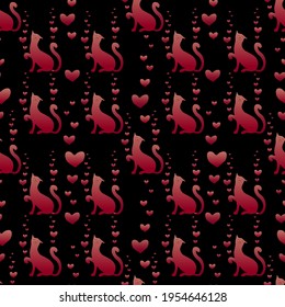 Funny cat raised his paw. Loving cat with hearts. Seamless pattern