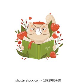 A funny cat is reading a book. Cat in flowers. Red tulips. Cartoon cat in a beret and glasses. Cartoon character. Training. Sticker, poster, postcard, invitation.