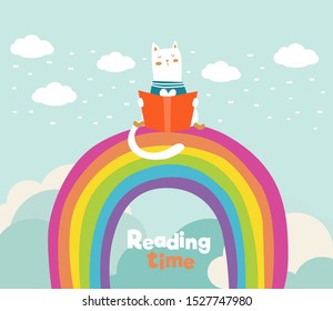 Funny cat reading book on rainbow