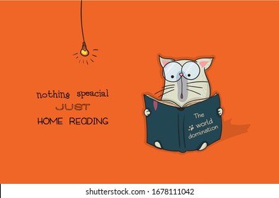 funny cat reading the book of world domination. Humor about home pet. Cartoon character design of cat