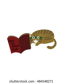 Funny cat reads book (How to steal fish)
