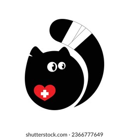 Funny cat with a red cross for a veterinary clinic logo. Simple flat vector style.