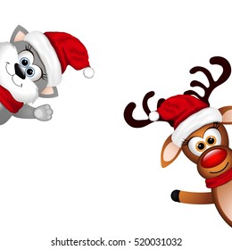 Funny cat and Reindeer on white background. 