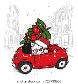 Funny cat in a retro car with a Christmas tree on the roof. Vector illustration. New Year's and Christmas. Cute kitten.