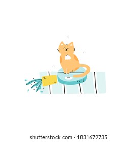 Funny cat riding on robot vacuum cleaner crashed into home plant. Vector hand drawn illustration.  