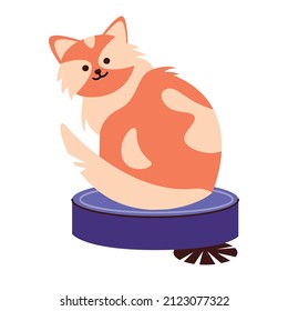Funny cat riding on top of robot vacuum cleaner. Cute animal and smart house. Cleaning after pet. Isolated flat vector illustration. Design element.