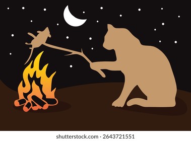 Funny Cat Roasting Mouse Over Campfire Vector
