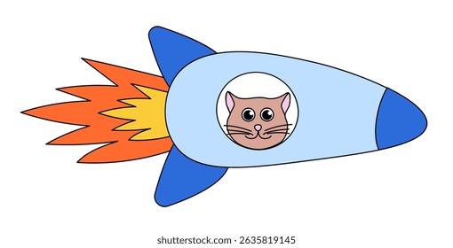 Funny Cat in Rocket. Flat vector Illustration.