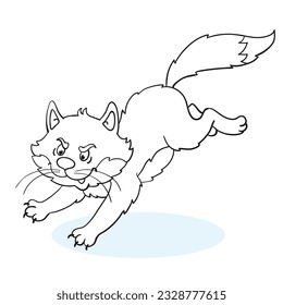 Funny cat runs after prey. Black and white picture for coloring book. In cartoon style. Isolated on white background. Vector illustration.