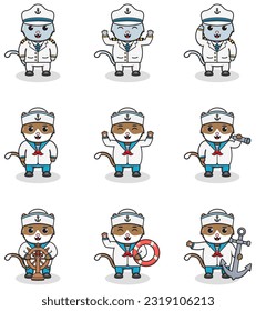 Funny Cat sailors set. Cute Cat characters in captain cap cartoon vector illustration.