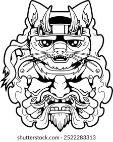 Funny cat samurai, outline illustration design