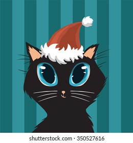 Funny Cat with Santa Claus hat. Vector illustration for Christmas cards.