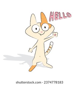 Funny cat says Hello. Vector illustration in cartoon style.
