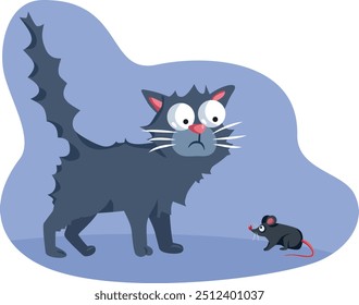 
Gato engraçado Assustado de um rato vetor ilustração do desenho animado. Gatinho preto ficando ansioso ao redor de ratos 
